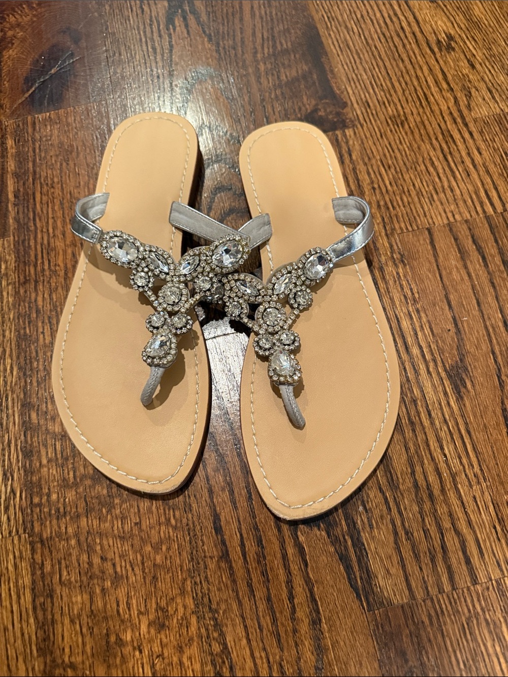 Women’s Embellished Silver T-Strap Sandals
